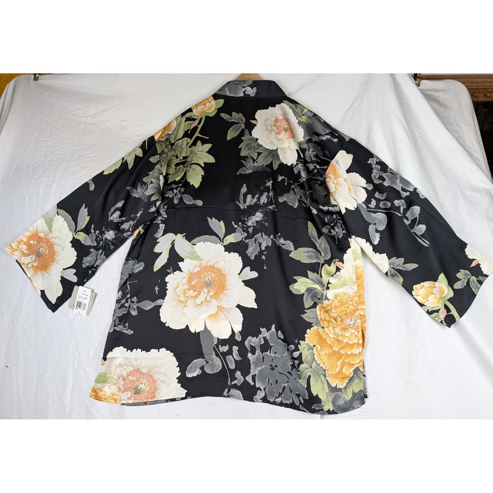 Natori Women Black Floral Peony Print Tunic Top Split Neck Wide Sleeve Large